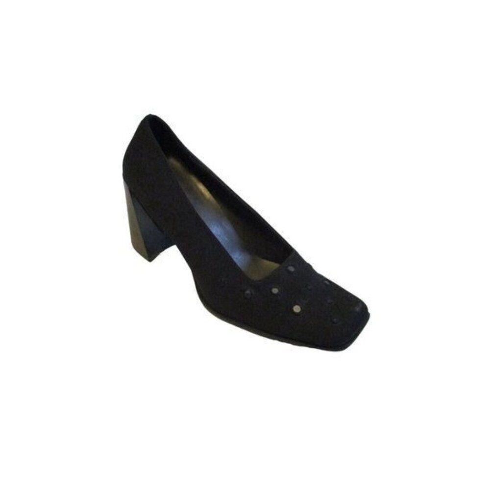 DRAFT*Nine West Black Peau de Soie Pumps Squared Toe Mirror Disk Accents